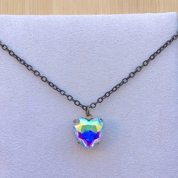 Aurora Borealis + Antique Brass Crystal Heart Drop Pendant Necklace - Picture 9 of 13